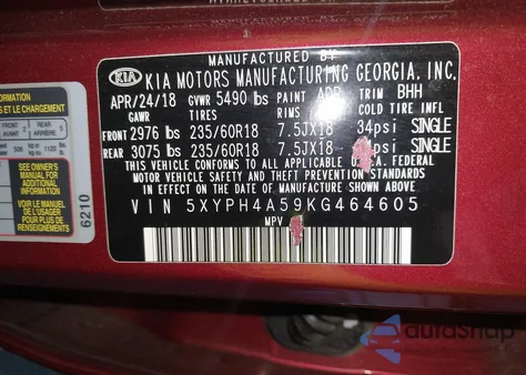 2019 Kia Sorento 3.3L Ex z USA, uszkodzony, nr VIN 5XYPH4A59KG464605